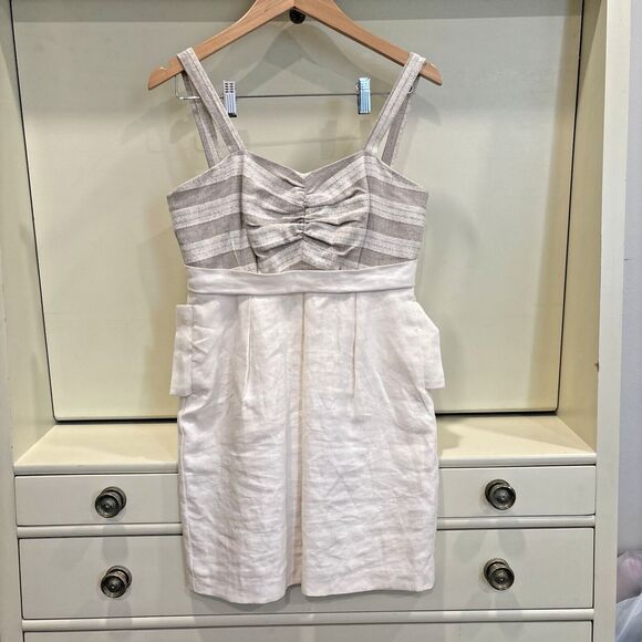 Cooper By Courtney Warren Cream Tan Stripe Linen Summer Mini Dress with Pockets - Picture 1 of 9